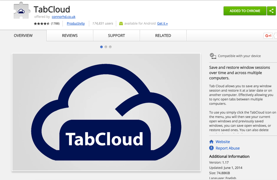 Save and restore all open browser tabs across computers: TabCloud